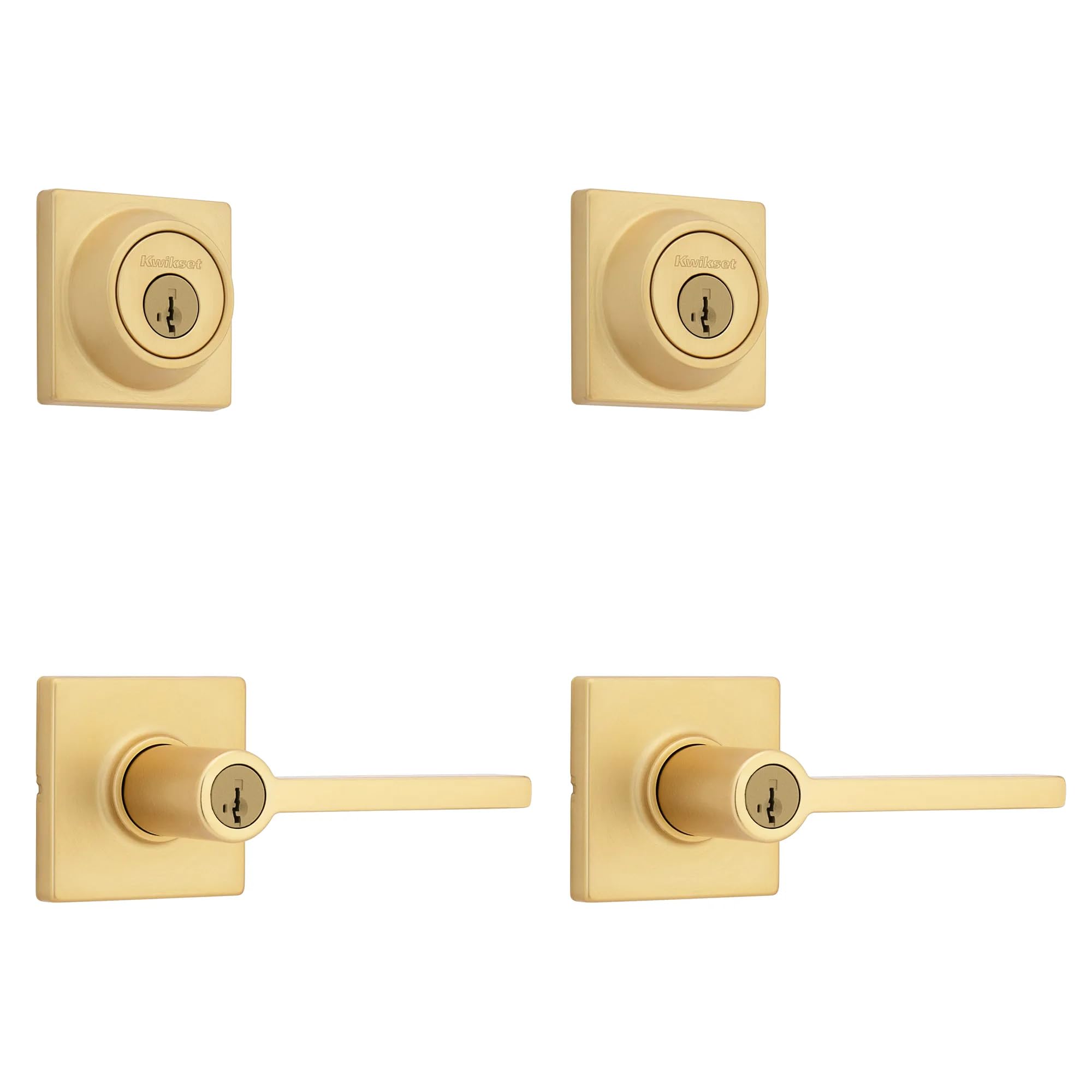 Kwikset Casey Square Front Door Lock Handle and Deadbolt Set, Entry Exterior with Interior Reversible Lever, Satin Brass, Project Pack, Pick Resistant SmartKey Rekey Deadbolt Security