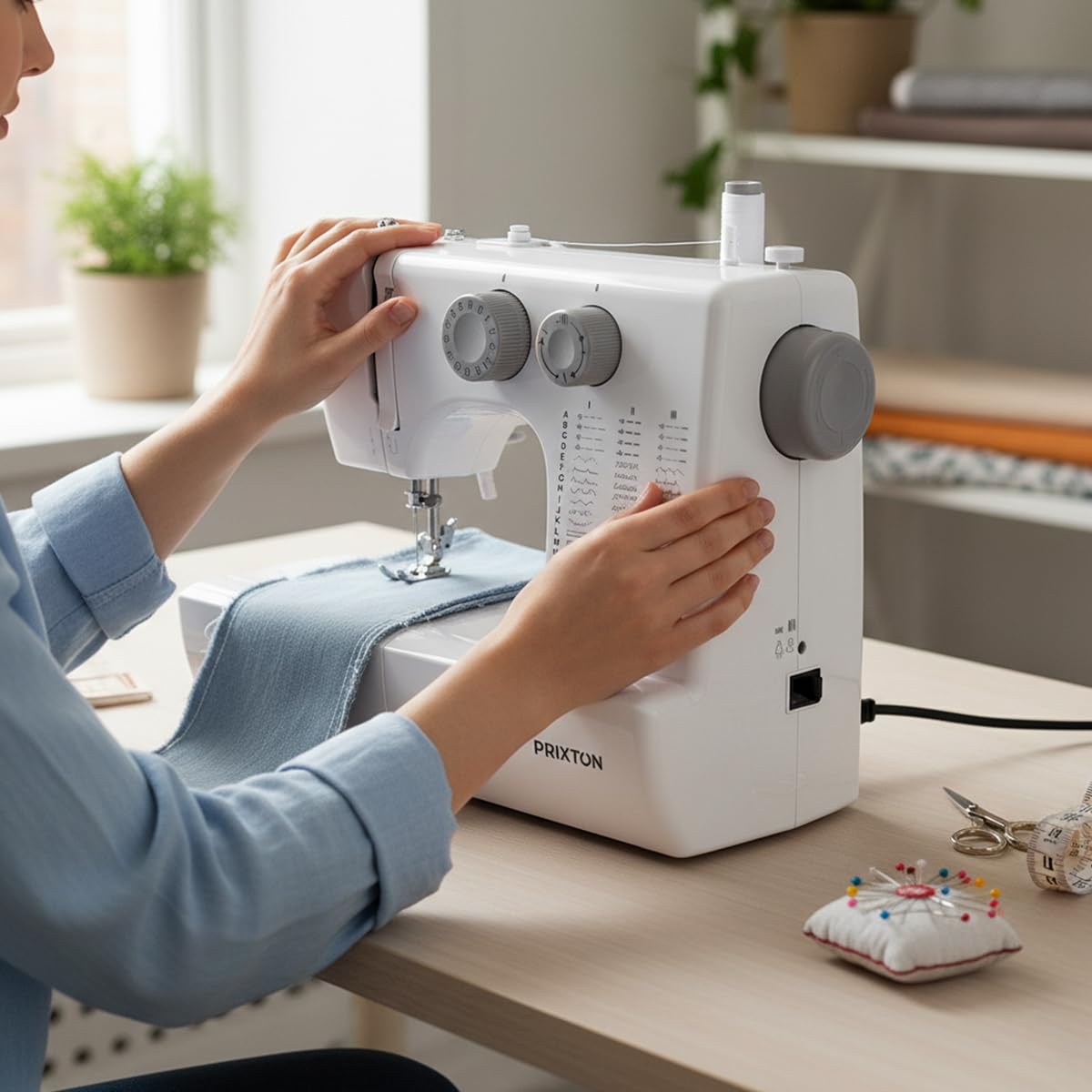 PRIXTON Máquina de Coser P135, 45 Puntadas, Ojal Automático 4 Pasos, Enhebrador Automático, Zigzag Elástico, Doble Velocidad y Luz Integrada para Arreglos y Manualidades