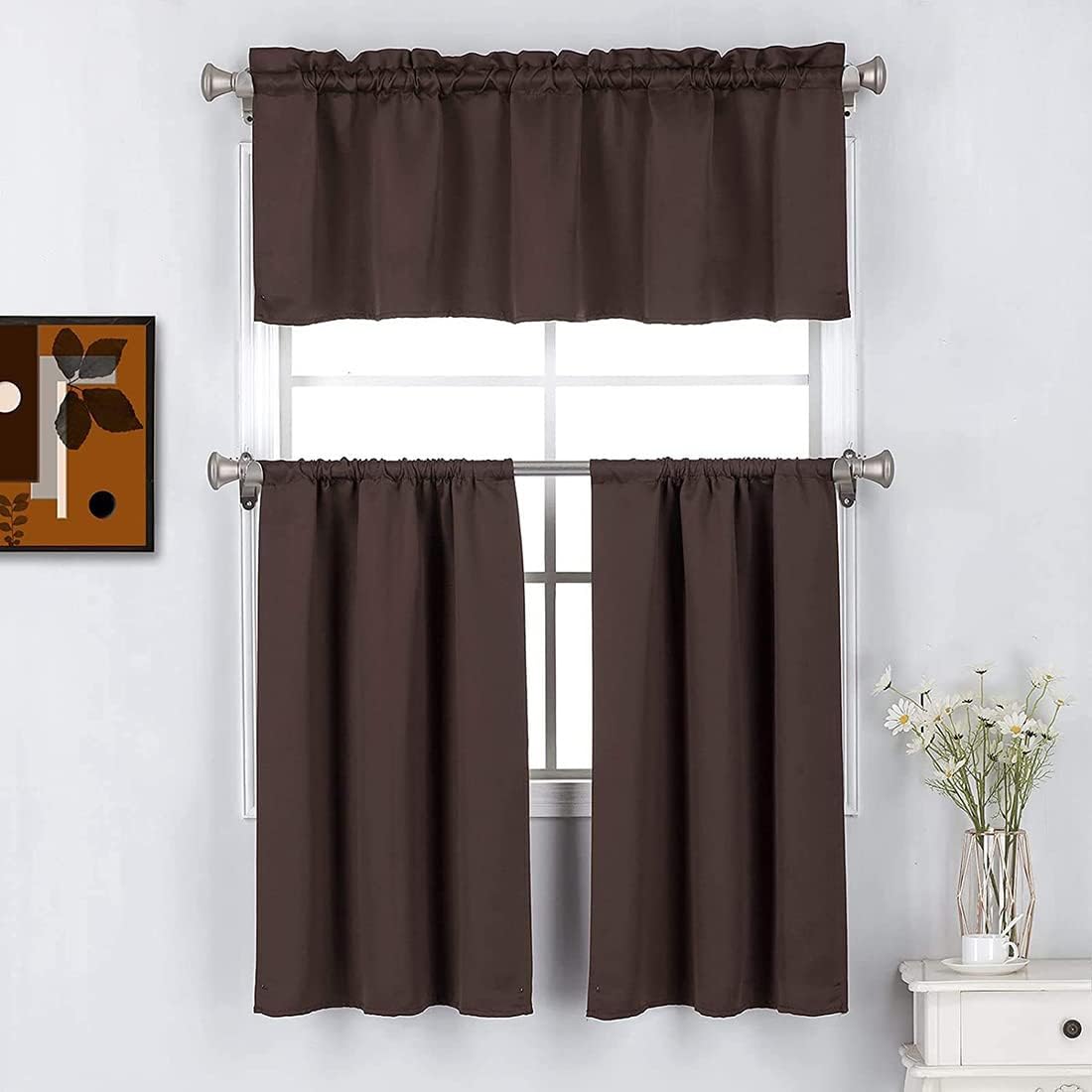 vctops 3 Piece Window Curtain Set with Tiers and Valance Solid Color Blackout Window Treatment Curtains Room Darkening Rod Pocket Curtains Set (Beige,53"x18" + 35"x24")