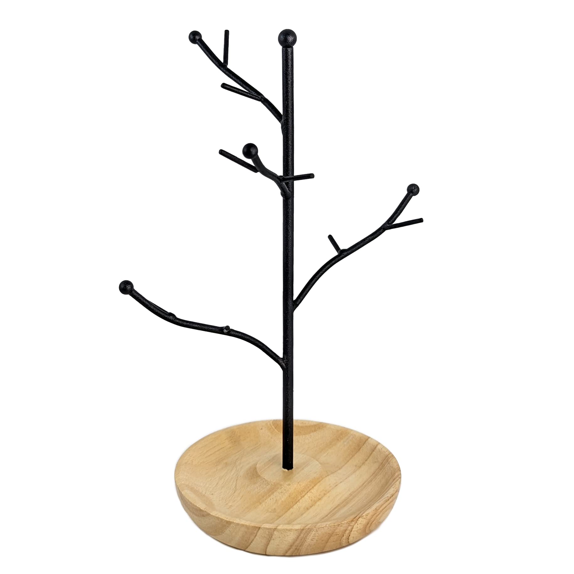 Mango Steam Jewelry Tree Hanger for Bracelets, Necklaces, Hoop Earrings, & Rings (Black, Tan Wood)