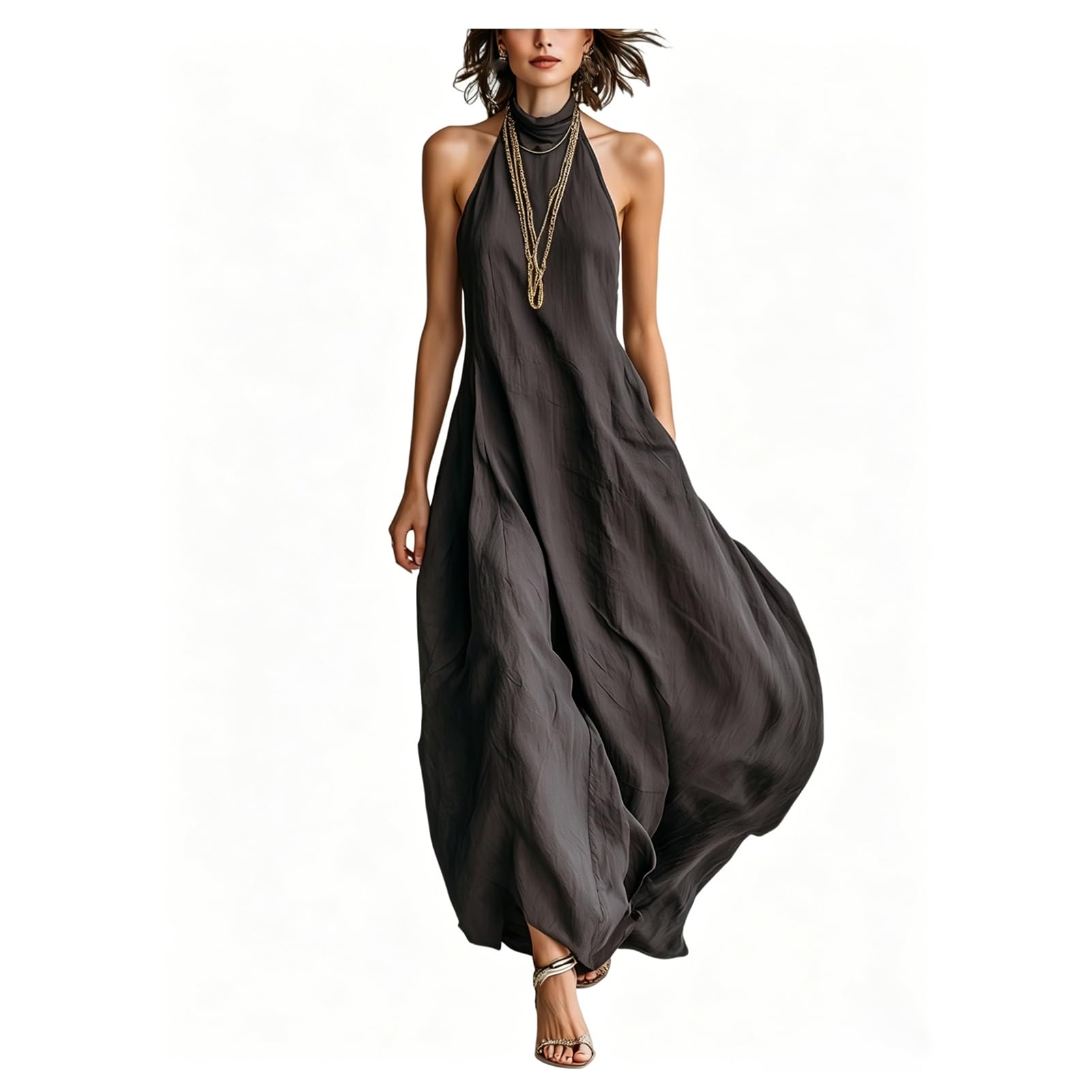 Maxi abito estivo da donna con scollo all'americana, senza maniche, linea ad A, fluido, lungo, casual, per spiaggia, vacanze e tempo libero quotidiano
