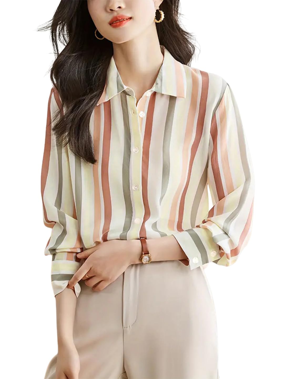 Women’s Orange Landscape Print Crepe Shirt – Stylish Western Long Shirt with Spread Collar| Shirt for Women Stylish Western | Long Shirt for Women