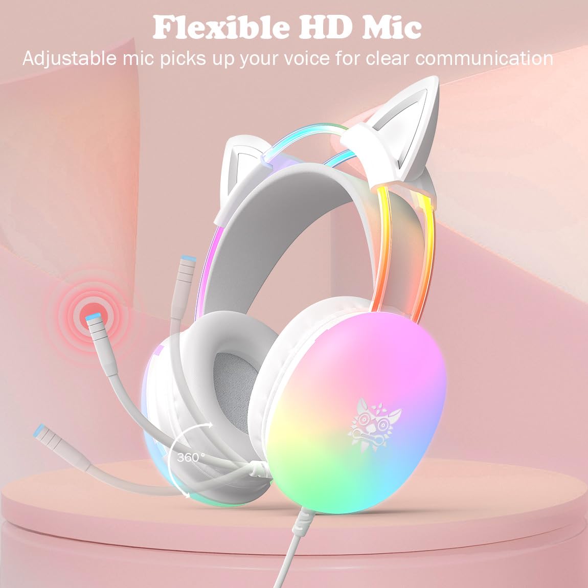 Cuffie da gioco con orecchie di gatto con microfono, illuminazione arcobaleno RGB, suono surround, cuffie over-ear cablate da 3,5 mm per PC/interruttore/laptop, fascia leggera e regolabile