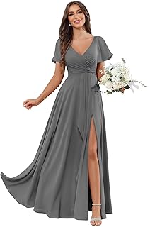 Short Sleeves V Neck Chiffon Bridesmaid Dresses for Women Pleated A Line Long Formal Evening Dress with Slit - Buy now