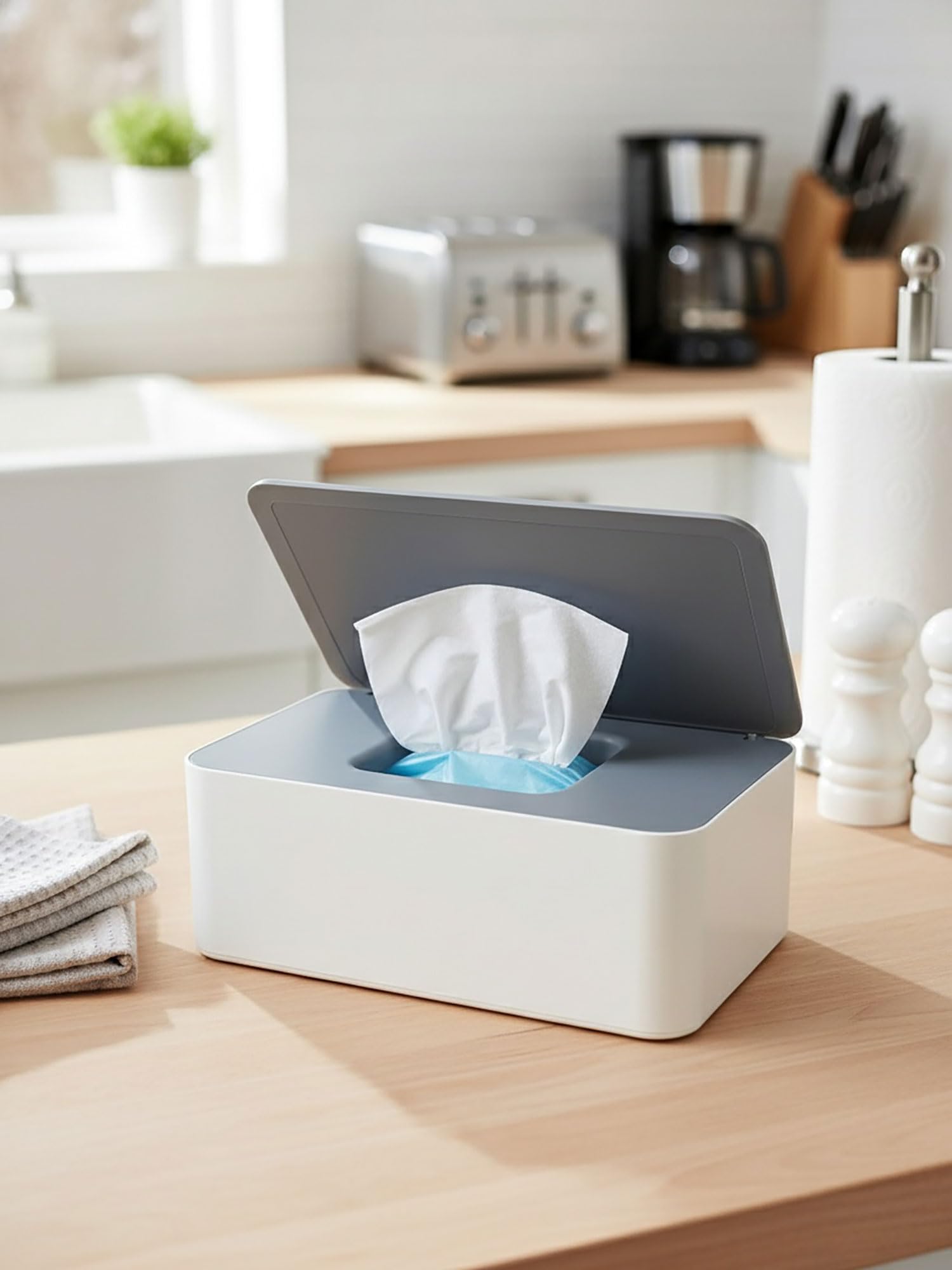 Wet Wipe Dispenser with Lid - Large Capacity for Home, Office & Cars, Gray+White