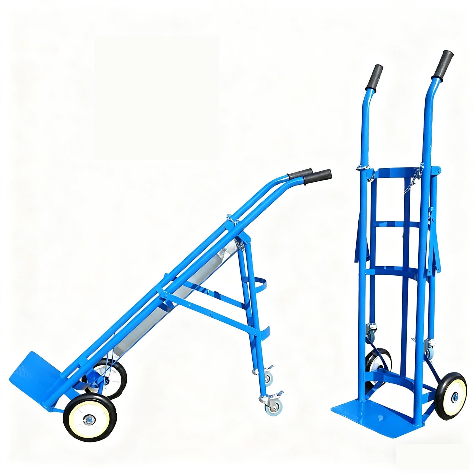 GTHTUHFD 4-Wheel Folding Oxygen Tank Cart With Safety Chains, Rolling Trolley For 40L Gas Cylinders, Heavy-Duty Welding Bottle Carrier For Industrial Use,Blue