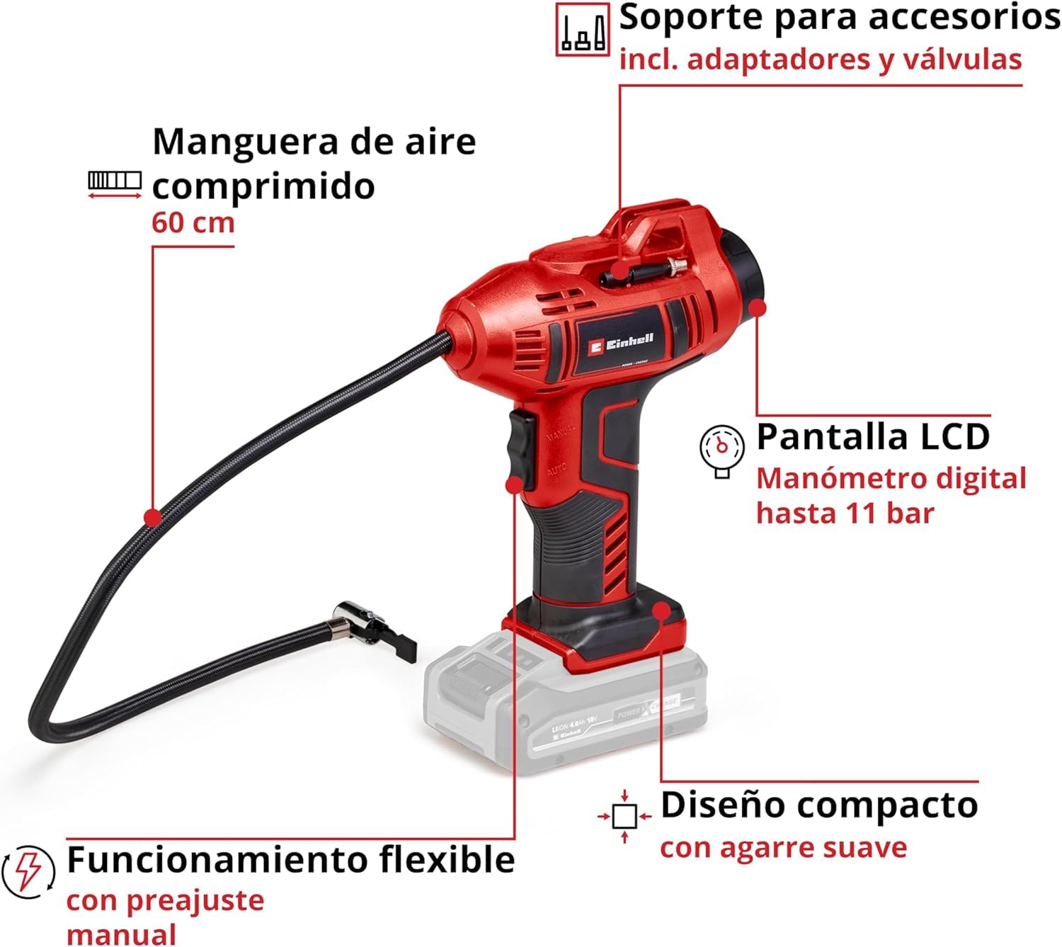 Einhell Compresor de coche con batería CE-CC 18 Li-Solo Power X-Change (iones de Li, 18V, 11 bar, 60cm de manguera de aire comprimido, función de desconexión automática, envío sin batería ni cargador)