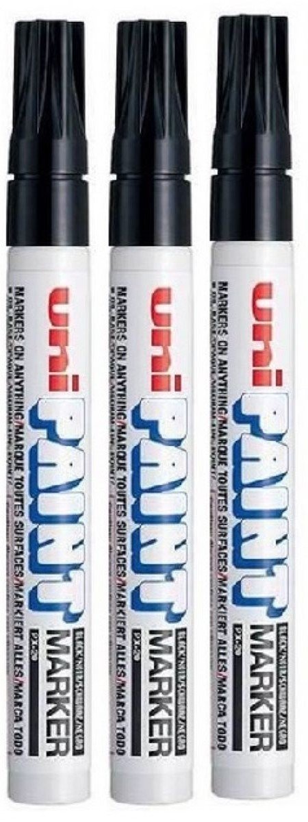 Uni Coloured Medium (2.2-2.8mm) PX-20 Black Oil Paint Marker Pen Metal Glass Wood Plastic Stone Outdoor Bullet Nib Tip (Pack Of 3)