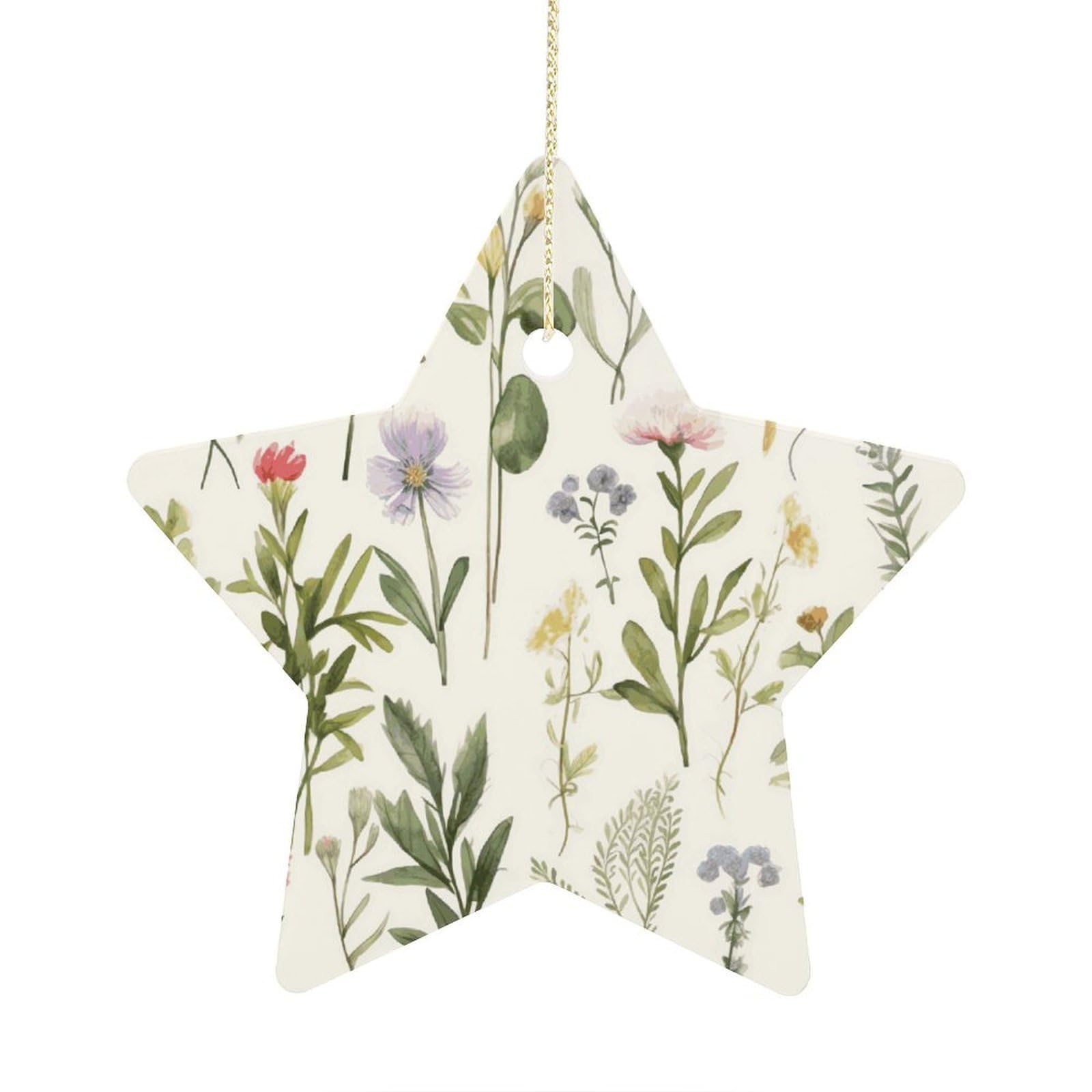 Season Watercolors of Herbs Flowersb Stars Ornaments Ceramic Christmas Tree Hanging Light in Weight Christmas Star Pendants Funny Double-Sided Printed Xmas Ornaments for Gifts