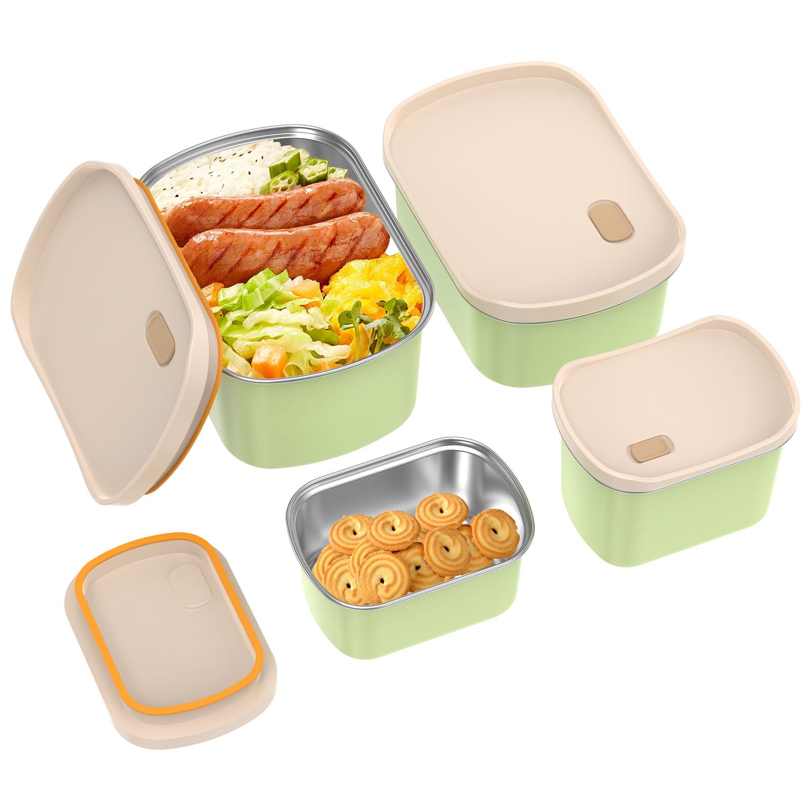 Zhjiutak Light Green 4 Pcs Snack Container, Reusable Leak Proof Stainless Steel Snack Box Container With Pp Lid Food Storage For Home School Office Traveling(Light Green)