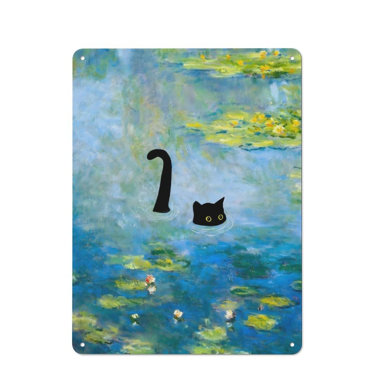 Junmoney Monet Cat Waterlily Office Metal Sign 40X30cm, Understated Office Wall Decor For Workspace, Cafe, Shop Or Desk Area