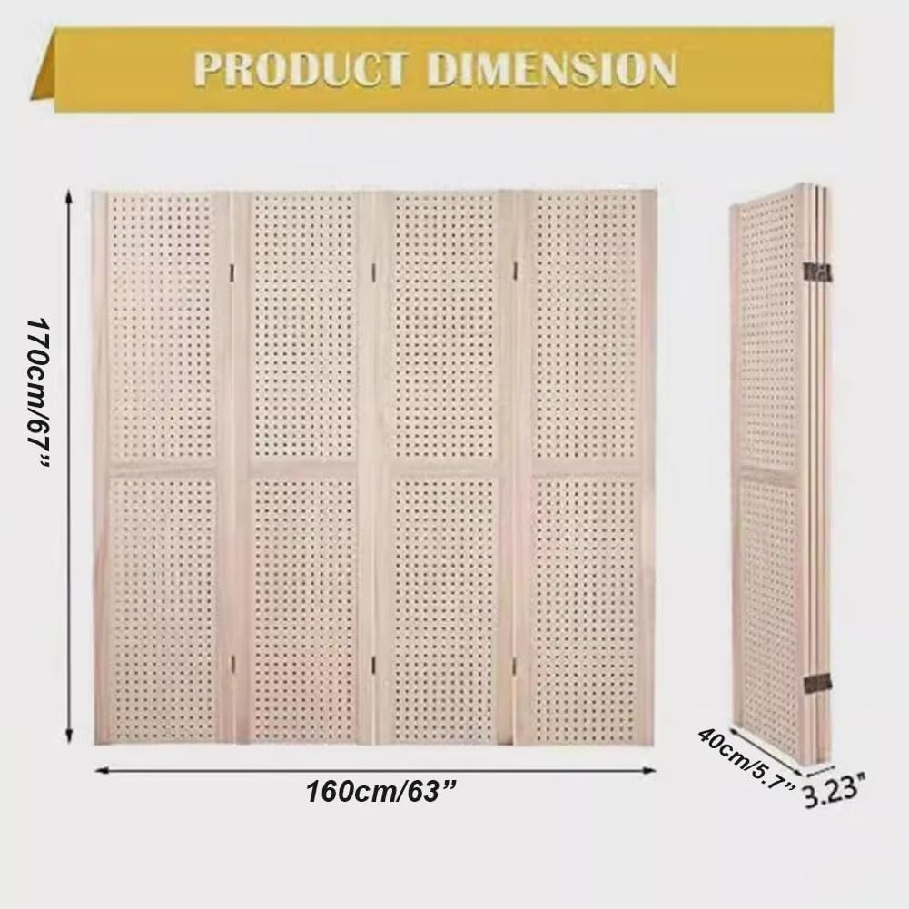 4 Panel Pegboard Display Room Divider, 67" Tall Wood Indoor Portable Folding Privacy Screen Partition Wall Divider for Home, Office, Trade Shows)
