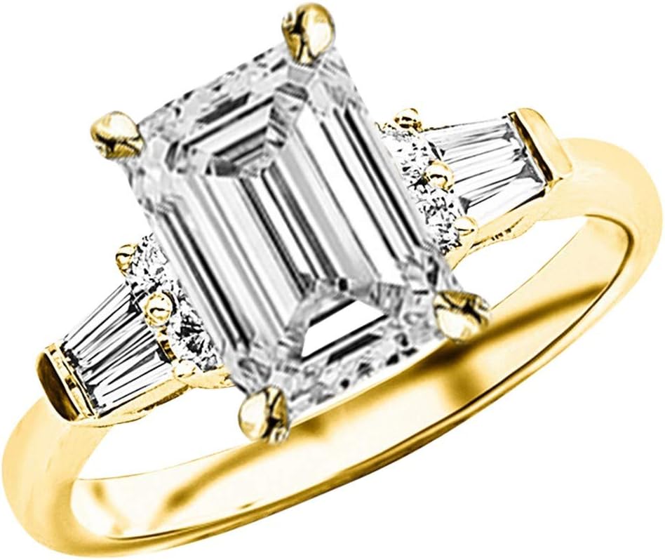 1 to 5 Carat LAB GROWN Diamond Prong Set Round And Baguette Emerald Cut Diamond Engagement Ring (E-F Color VS1-VS2 Clarity)