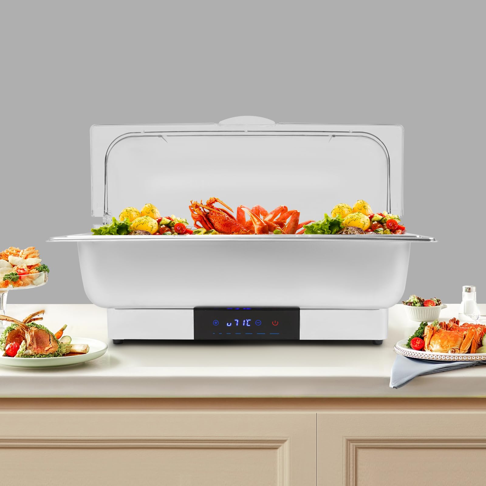 Chafing Dish, scaldavivande elettrico in acciaio inox, per buffet, 9 l, in acciaio inox, 35 ~ 90 ℃, 600 W, per catering party (3 contenitori da 1/3 GN)