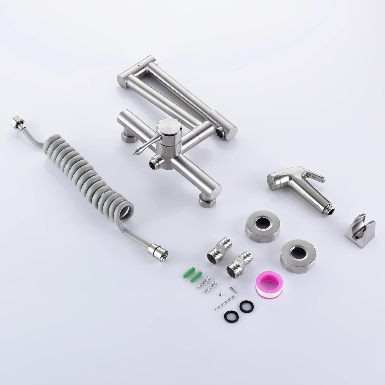 Kitchen Faucet Wall Mount, with Side Sprayer 8 Inch Center, Folding Design for Commercial Use, Stainless Steel Bar Taps