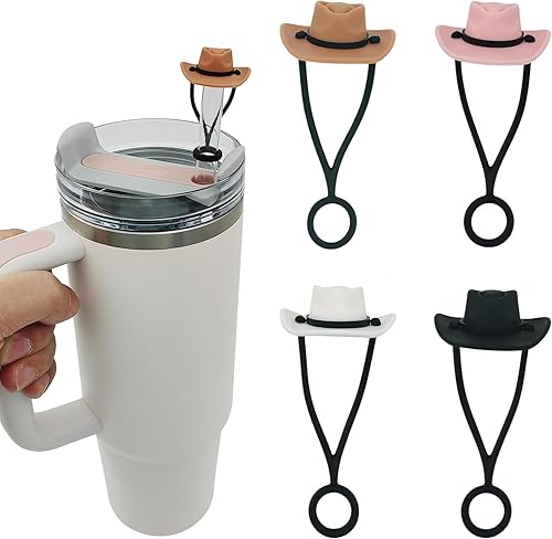 Paquete de 4 tapas de paja para copa Stanley, fundas de paja de silicona con sombrero de vaquero, compatible con vasos de 30 y 40 onzas con asa,