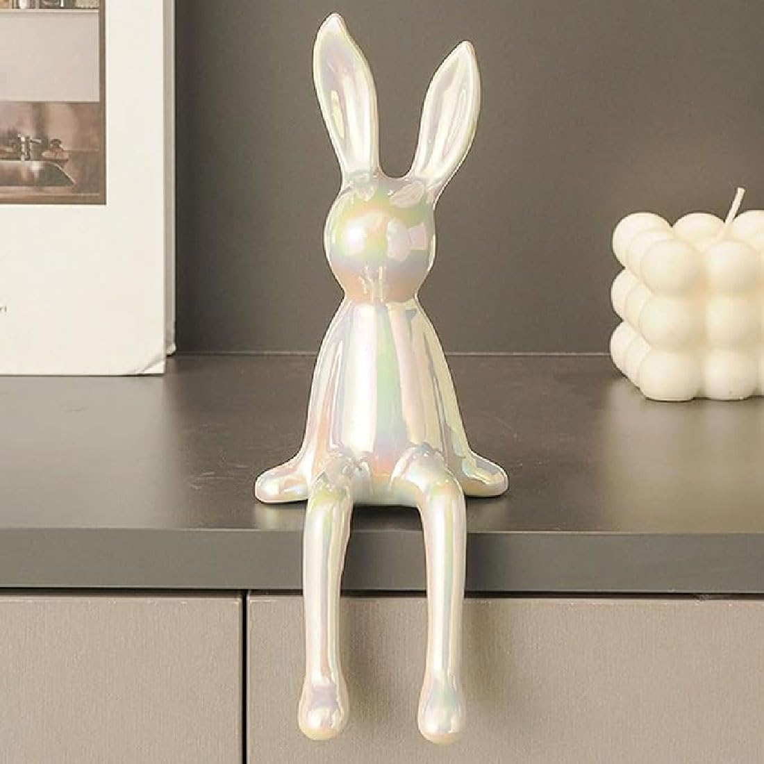 Wxqzhf White Brass Sitting Bunny, Sitting Bunny For Shelf, Rabbit Statues, Ceramic Animal Bunny Figurines Crafts, Sitting Bunny Ornament,Easter Bunny Figurine Decorations.(White)