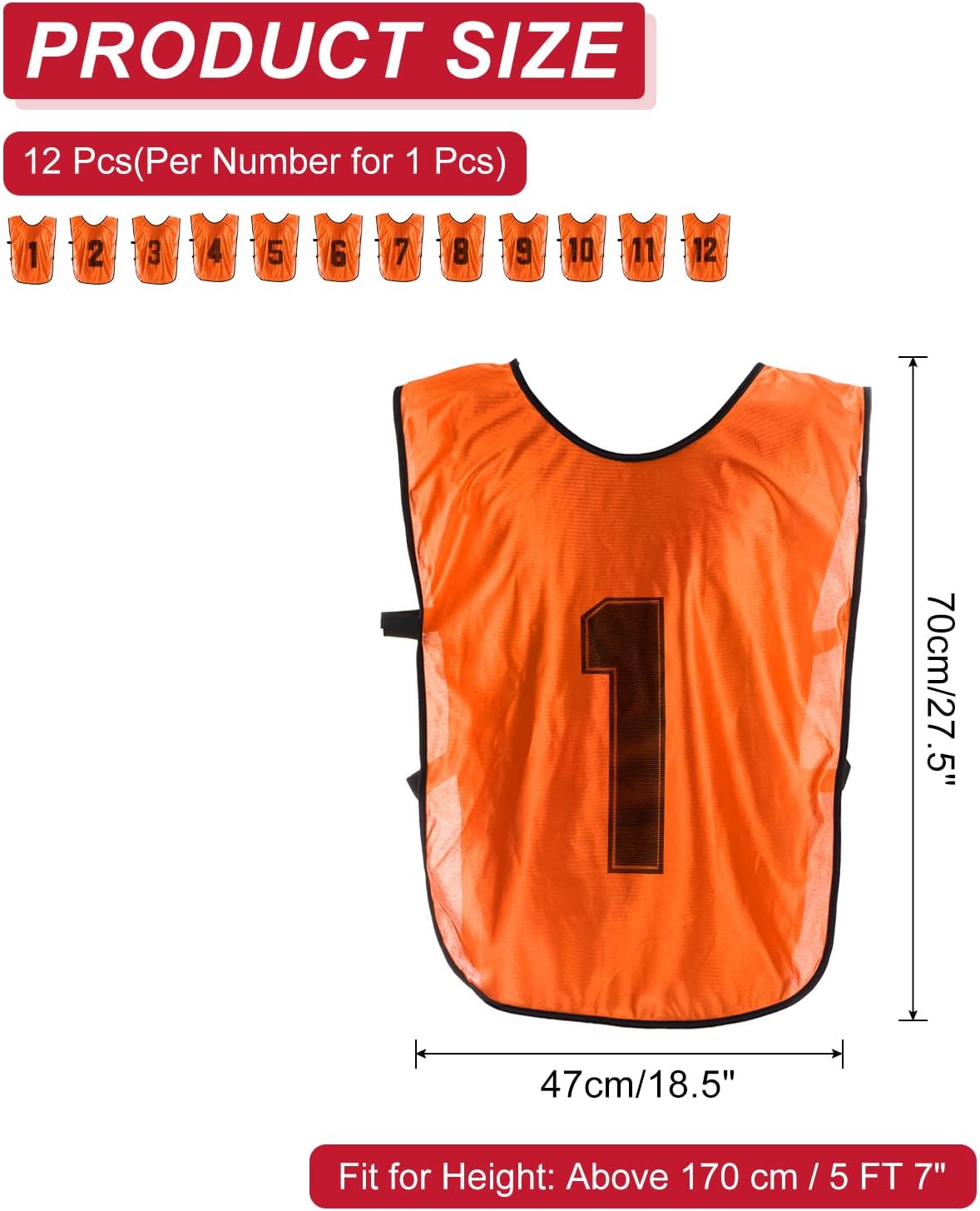 PATIKIL Soccer Training Vest, 12 Pack Team Sports Pinnies Reversible Numbered Soccer Practice Pennies Jerseys Bibs with Belt for Adult, 28 Inch Orange