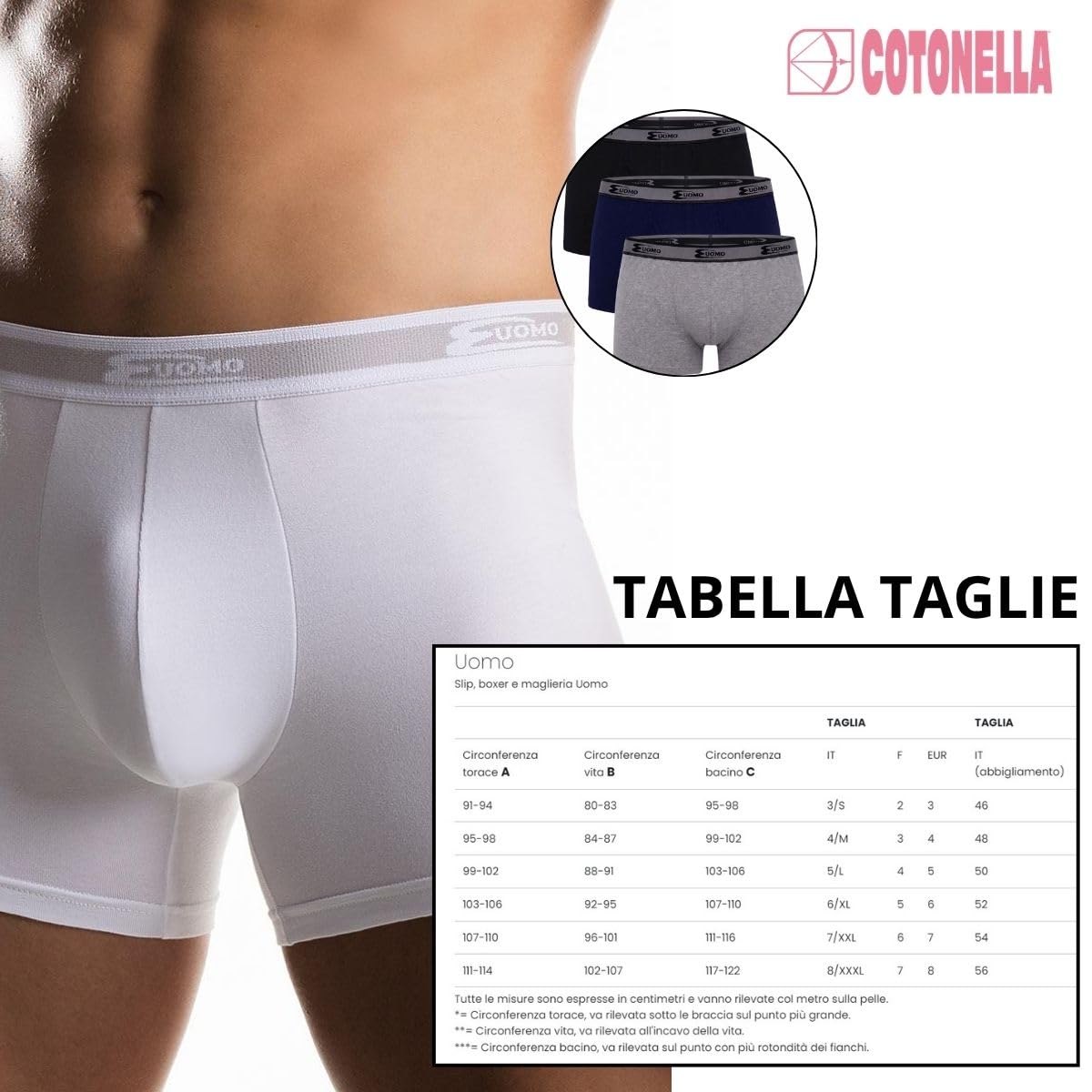 Cotonella, (Pacco da 6 Boxer Uomo in Cotone Bielastico, Elastico Esterno, Tinta unta, Essentials Intimo Uomo