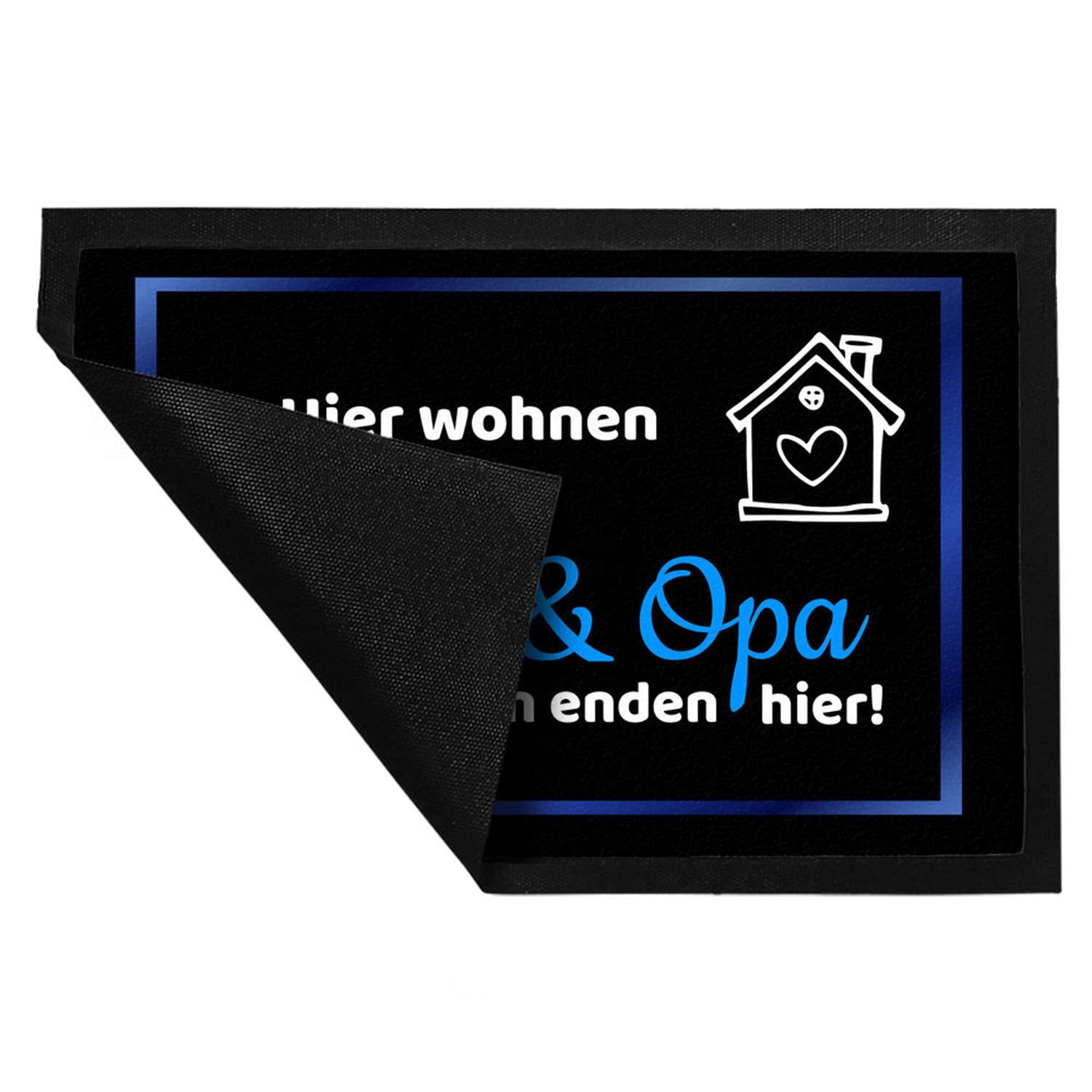 trendaffe - Hier wohnen Opa und Oma Fußmatte XXL in 50x75 cm - Elternregeln Enden Hier in blau die Großeltern Schmutzfangmatte als Geschenk zum Geburtstag, Weihnachten oder Goldener Hochzeit