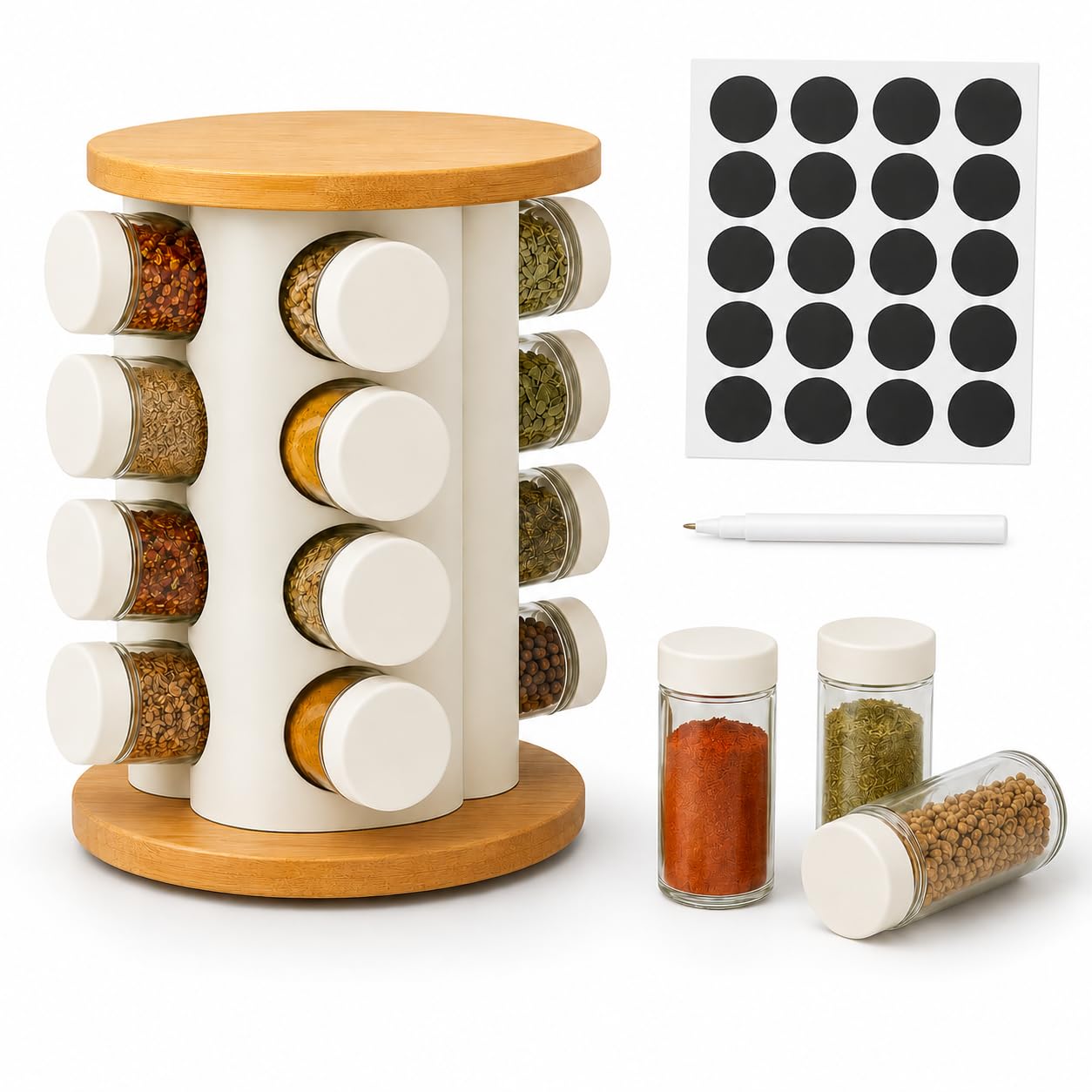Doria White Spice Rack Organiser With 16 Spice Jars, Thick And Strong Spice Racks Free Standing Carousel Spice Storage Can Rotated 360° (White)