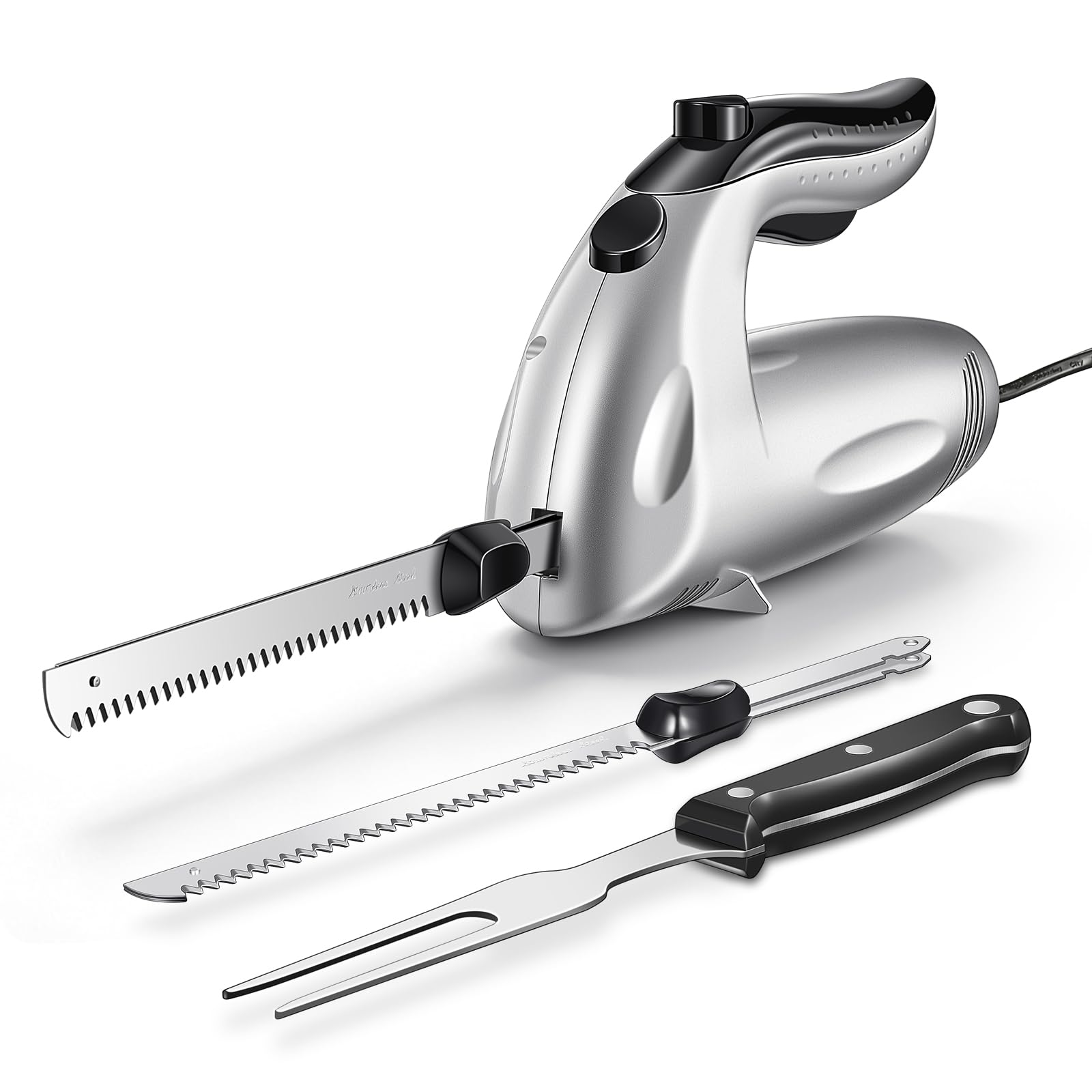 Yabano Electric Knife 150W, Bread & Roast Kitchen Slicer, 2 Blades | Stainless Steel, for Hard Crust and Roast Baguette, Double Safety Lock, with Meat Fork Included