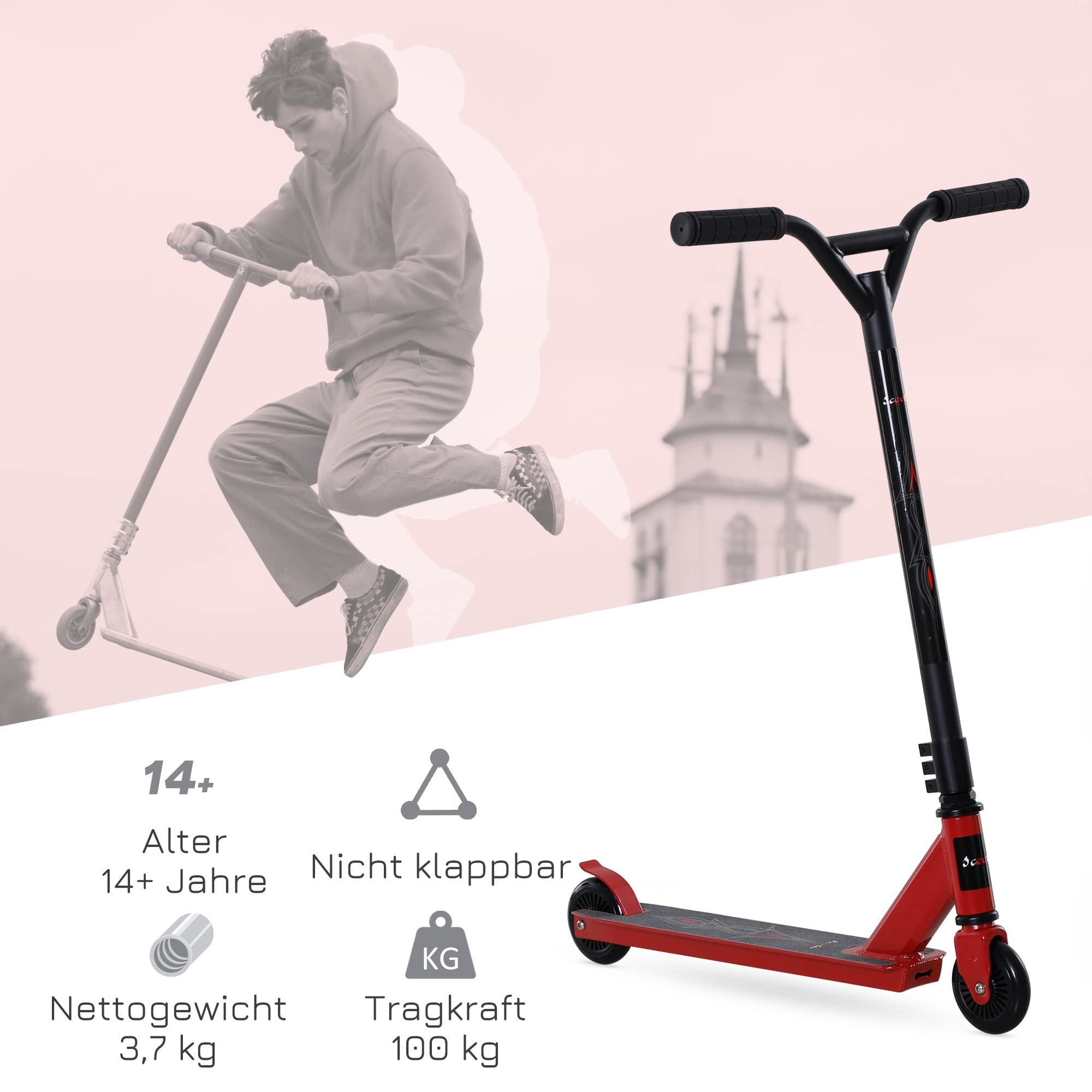 Homcom Pro Stunt Monopattino per bambini e adulti, Freestyle Monopattino in similpelle, 100 mm, alluminio rosso, per trucchi