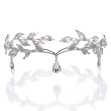 Remedios Rhinestone Leaf Wedding Crown Headband for Brides, Crystal Pendent Tiara Headband for Wedding Prom Birthday, Silver