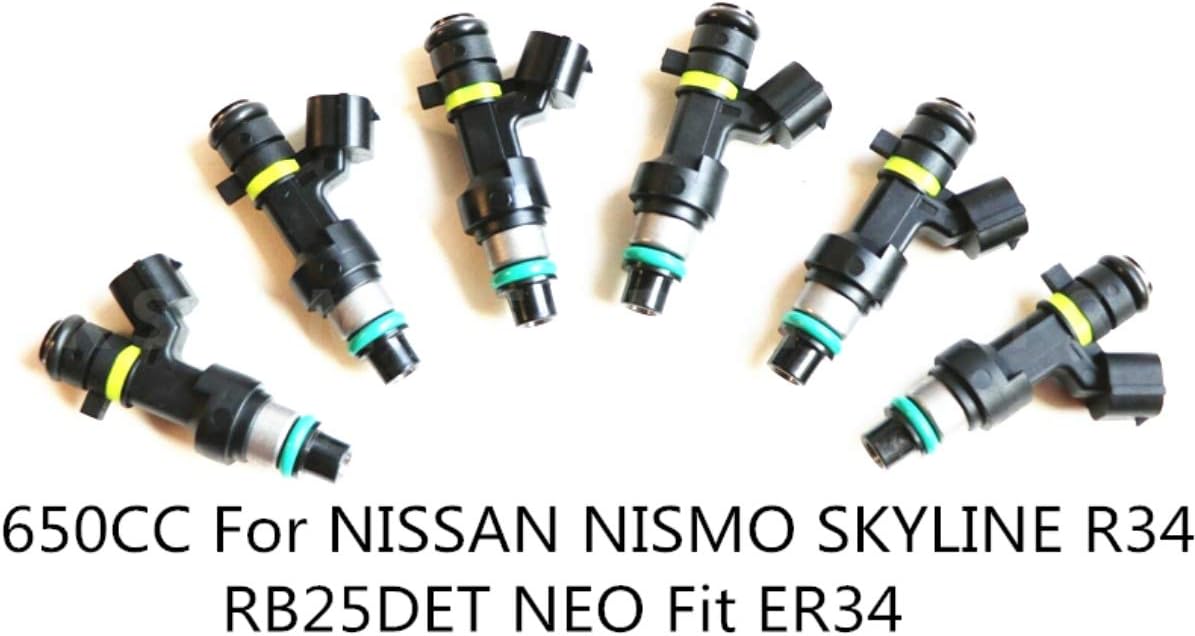 SET 6PCS 650CC Fuel Injectors For NISSAN NISMO SKYLINE R34 RB25DET NEO Fit ER34