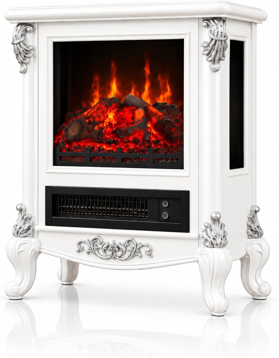 FESTIVITY 18" Electric Stove Fireplace, 1500W Thermostat with 5100 BTU Heat Output, Adjustable Flame & Brightness Levels, Portable Electric Fireplace for Bedroom & Living Room-White & Silver