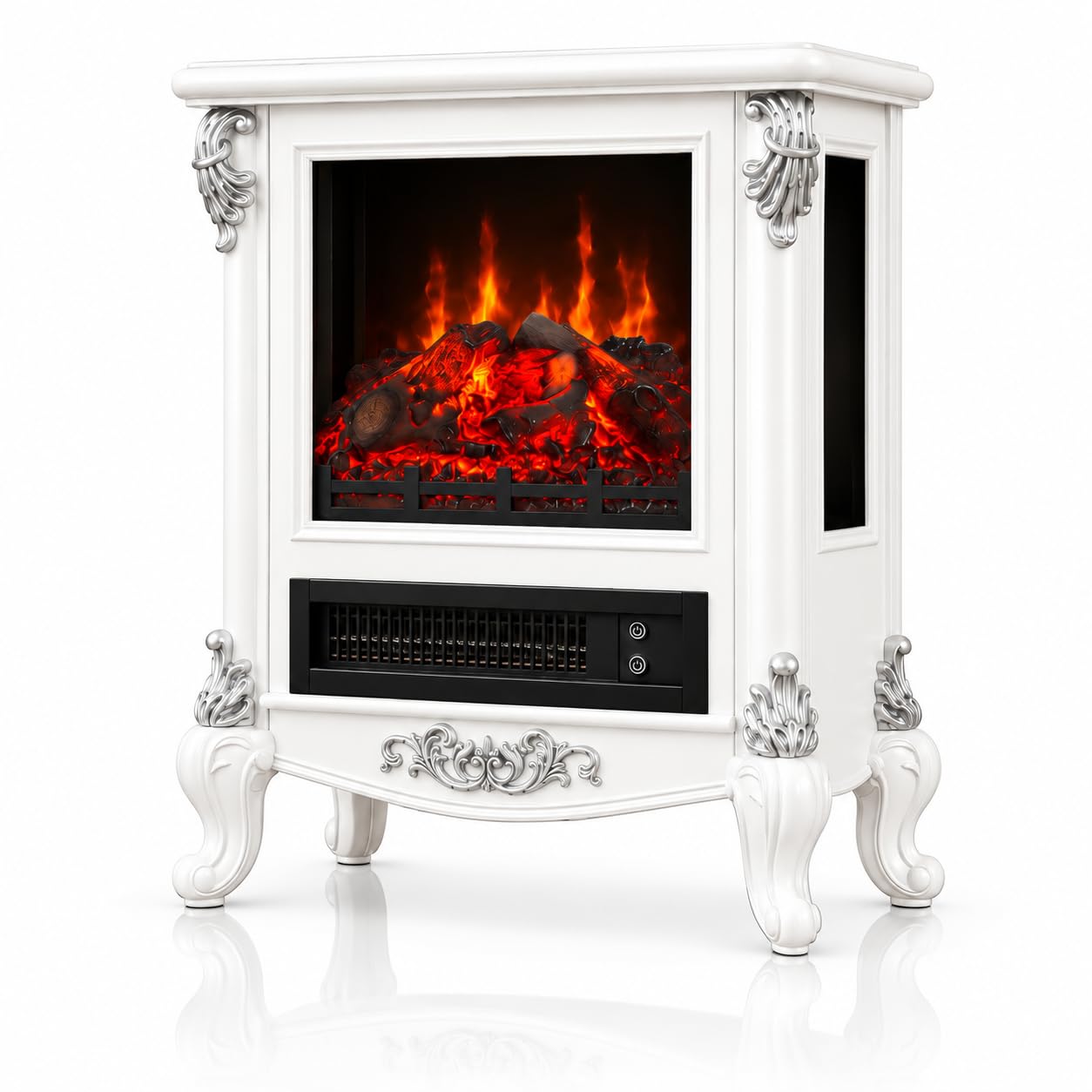 FESTIVITY 18" Electric Stove Fireplace, 1500W Thermostat with 5100 BTU Heat Output, Adjustable Flame &amp; Brightness Levels, Portable Electric Fireplace for Bedroom &amp; Living Room-White &amp; Silver