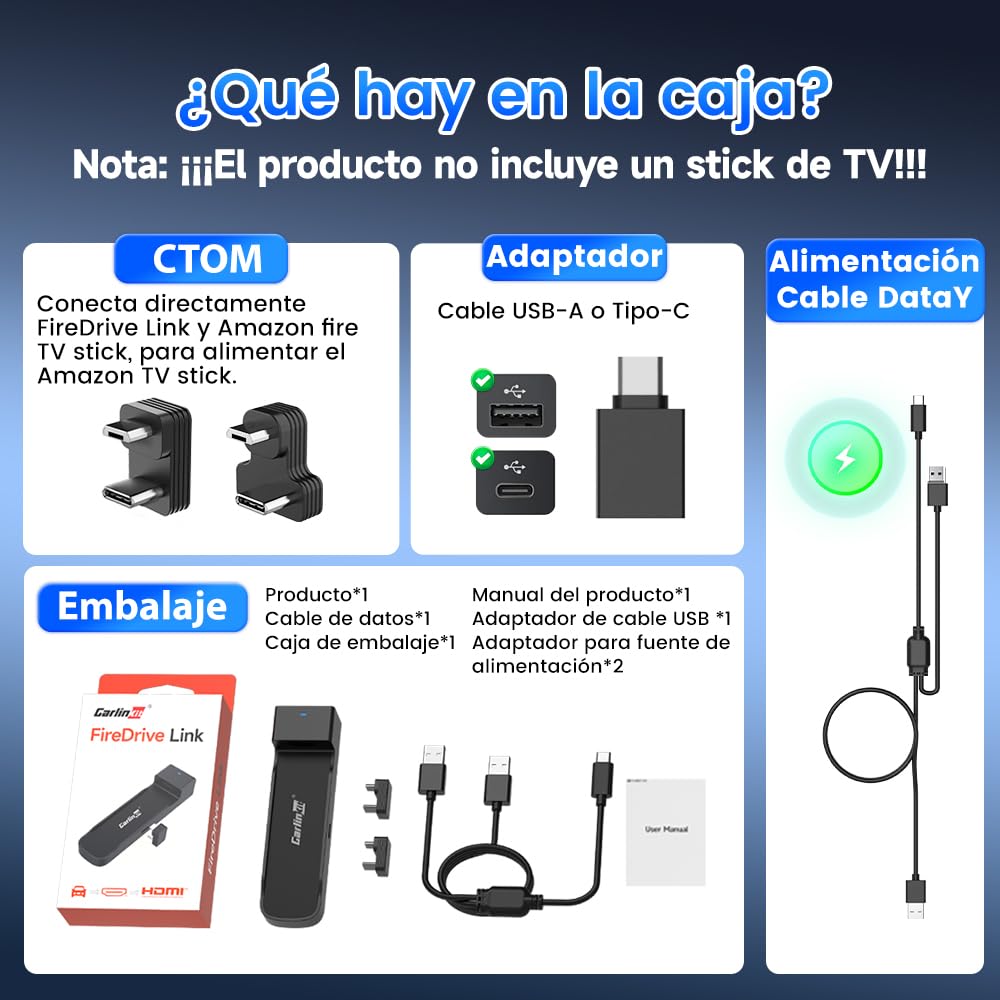 Carlinkit Adaptador FireDrive Link - Convierte CarPlay con cable a HDMI, streaming de audio y vídeo en el coche, compatible con Fire TV Stick