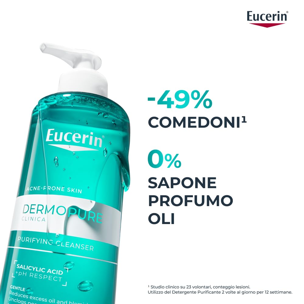 Eucerin DermoPure Clinical Gel Detergente Viso Purificante 400 ml, Detergente schiumogeno viso e corpo senza sapone efficace come struccante, Formula con Acido Salicilico per pelle grassa e acneica