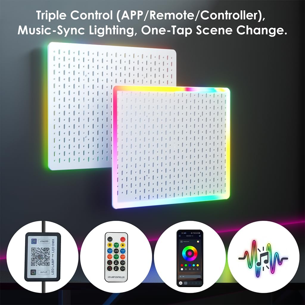 Pegboard Wall Organizer with Built-in RGB Ambient Lighting Strip, White Peg Board with Hooks for Office, Kitchen, Gaming Room, Desk Storage Display Rack, 2PCS 22 * 14.8 inch