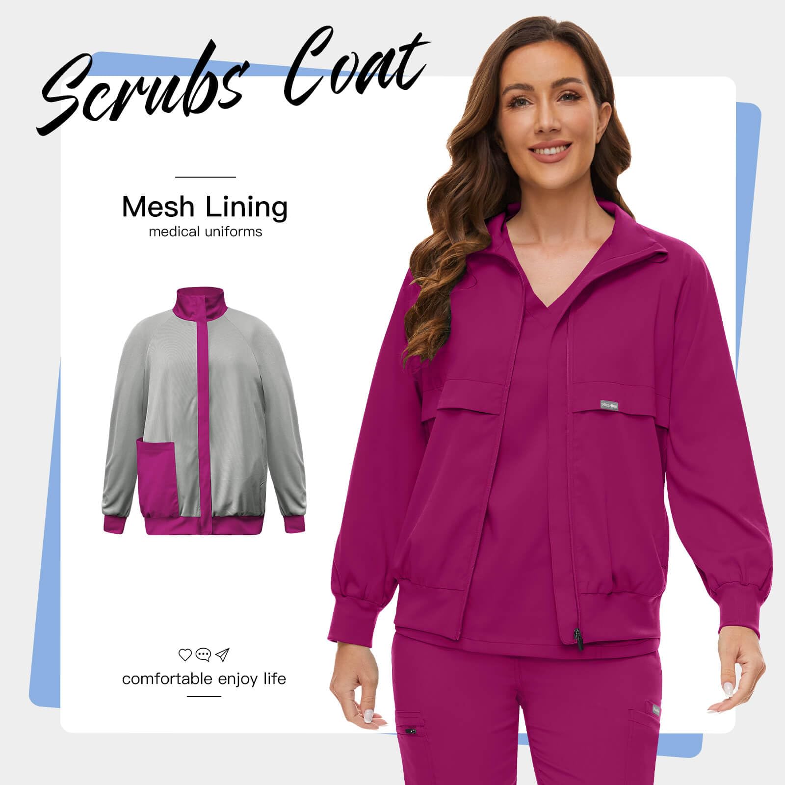 VIAOLI Scrub Jackets for Women Long Sleeve Zip Front Coat Soft Stretch Womens Scrubs Workwear Lapel Track Jacket (Rose Red,M)
