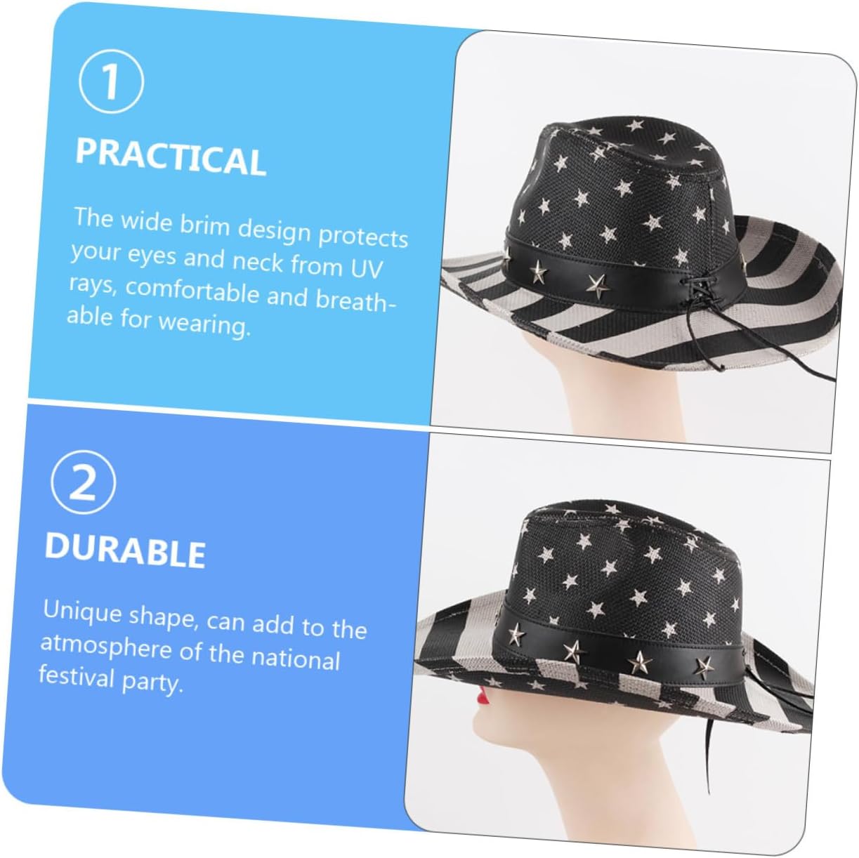 Vintage American Flag Cowboy Hat Unisex Outdoor Sunshade Black Straw Summer Festival Cap