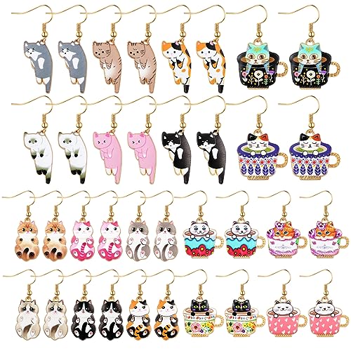 Tondiamo 18 Pairs Cute Anime Cat Dangle Earrings Set Kawaii Aesthetic Alloy Funny Cartoon Kitten Drop Dangling Earrings for Women Party Cat Jewelry Gifts