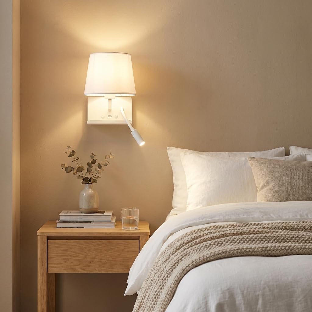 BARCELONA LED Wandleuchte mit USB-Anschluss und Ablage, Leselampe für Bettkopfteil mit E27-Fassung, schwenkbare LED-Leseleuchte 3W 2700K, Stoffschirm für Schlafzimmer, Hotelzimmer, Weiß