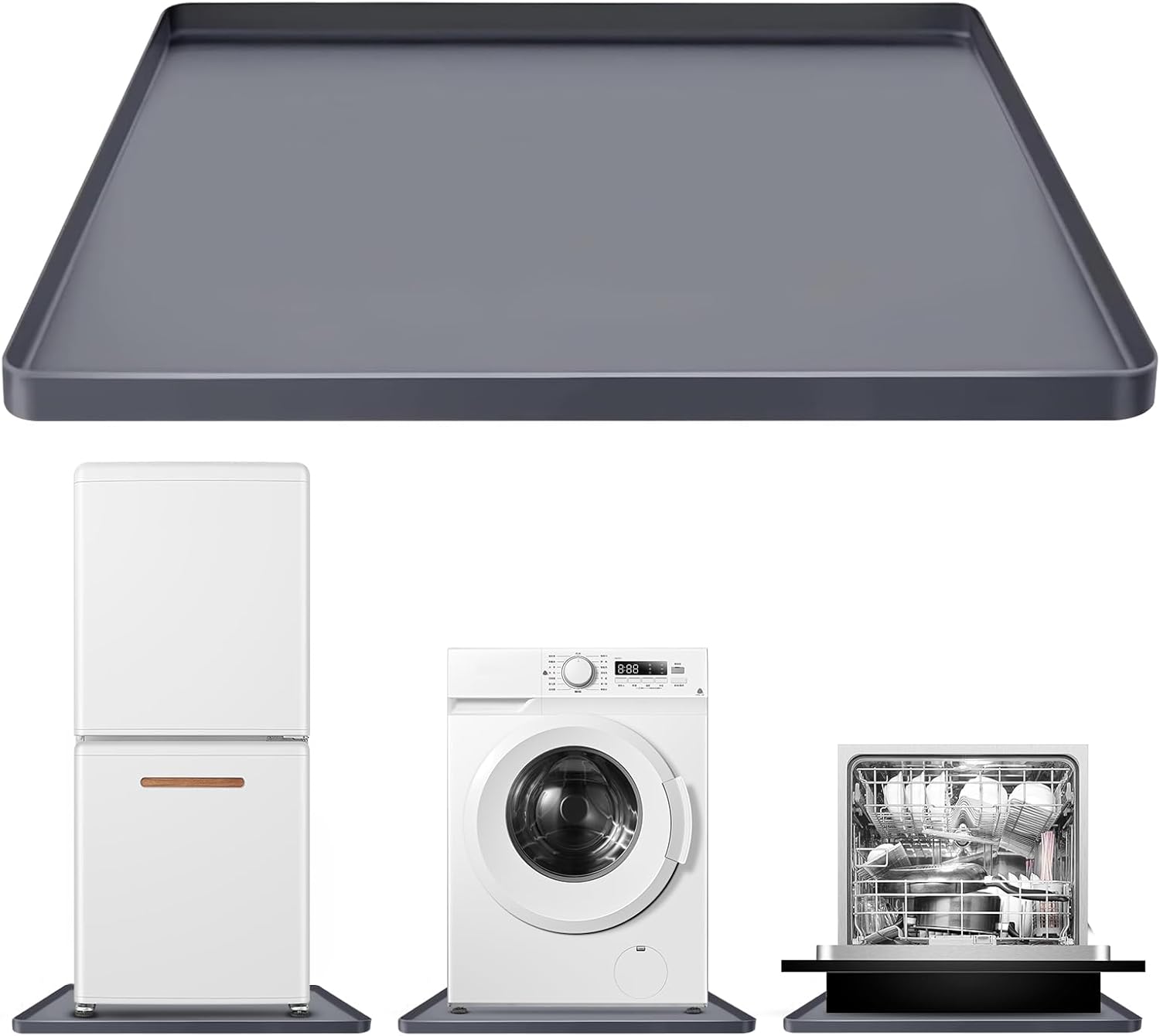 Large Washing Machine Mat 28" x 28" Silicone Under Washer and Dryer Drain Pan Drip Tray Floor Protector Non-Slip Flexible Soft Mat Waterproof Raised Edge 0.98'' Gray