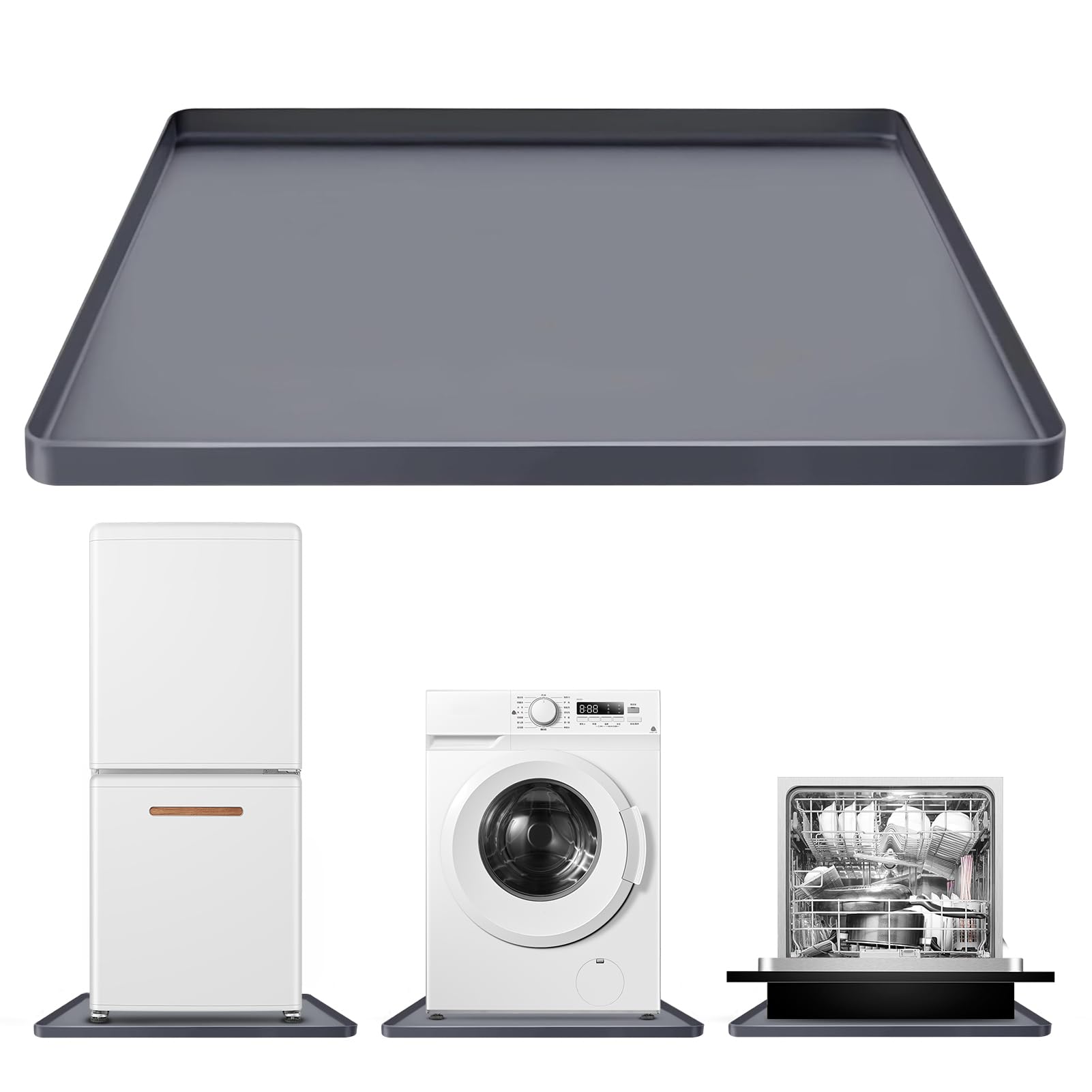 Large Washing Machine Mat Silicone Under Washer and Dryer Drain Pan Drip Tray Floor Protector Non-Slip Flexible Soft Mat Waterproof 28" x 28" Gray