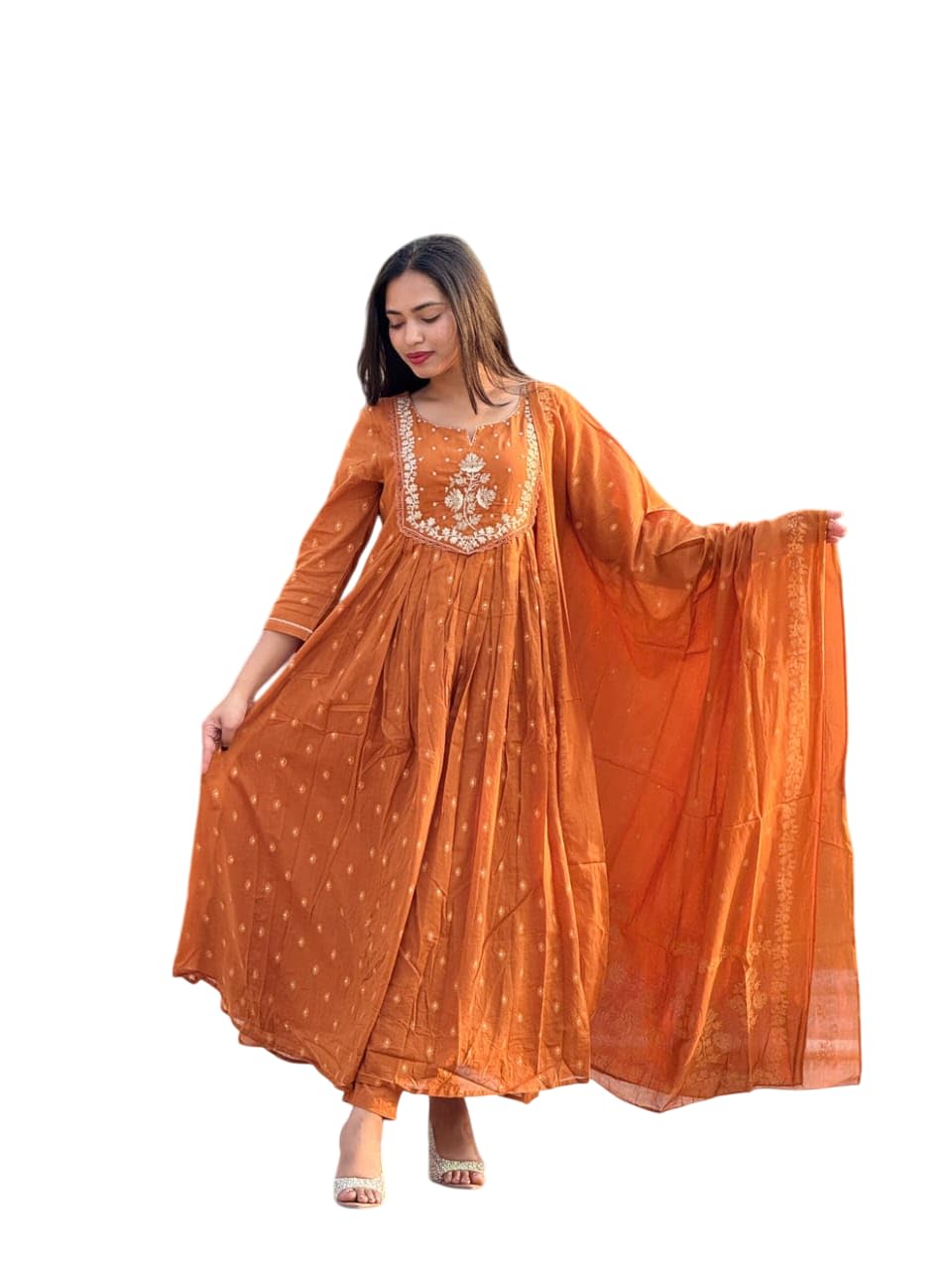 Women's Cotton Embroidery Anarkali Kurti and Pant with Dupatta Set-picture-37