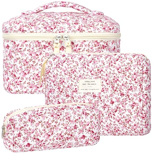 BuyCard Quilted Pink Floral Quilted Makeup Bag Set, 3 Piece Cotton Cosmetic Bags, Aesthetic Coquette Travel Organizer with Toiletry Pouch and Brush Holder for Women