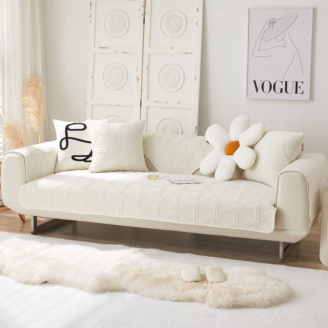 vctops Velvet Plush Thick Sofa Couch Cover Geometric Quilted Sectional Couch Covers Warm Soft Non Slip Sofa Slipcover Furniture Protector for Pets Kids Children Dog Cat (Cream A,36"x36")