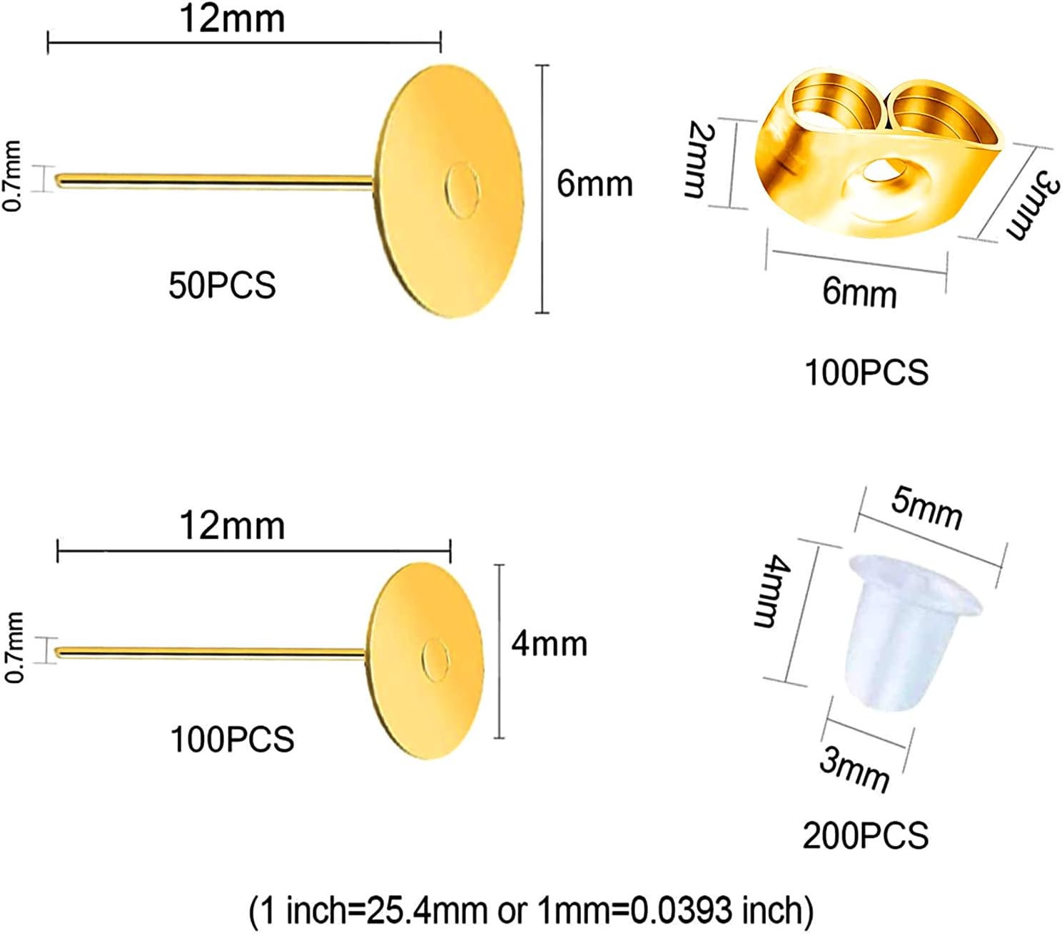 450PCS Gold Earring Posts and Backs,Hypoallergenic Earring Studs for Jewelry Making,Stainless Steel Flat Pad with Butterfly and Rubber Bullet Earring Backs (4mm, 6mm)