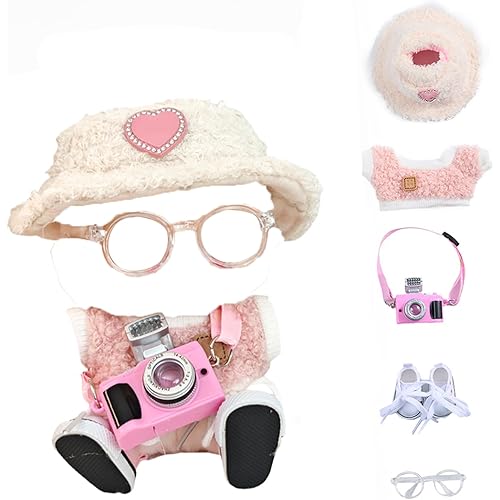 5 Set 17cm Doll Clothes -Clothes for Dolls Outfit - Accessories for 17cm Dolls Clothes +Light Pink Heart-Shaped Velvet hat + Small Camera + Glasses + Canvas Shoes, No Doll Included (Style B)