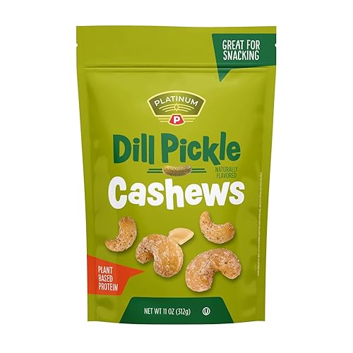 Platinum Anacardos de eneldo - Proteína a base de plantas, fibra, aperitivo saludable - Asado con ralladura picante de pepinillo de eneldo - Se