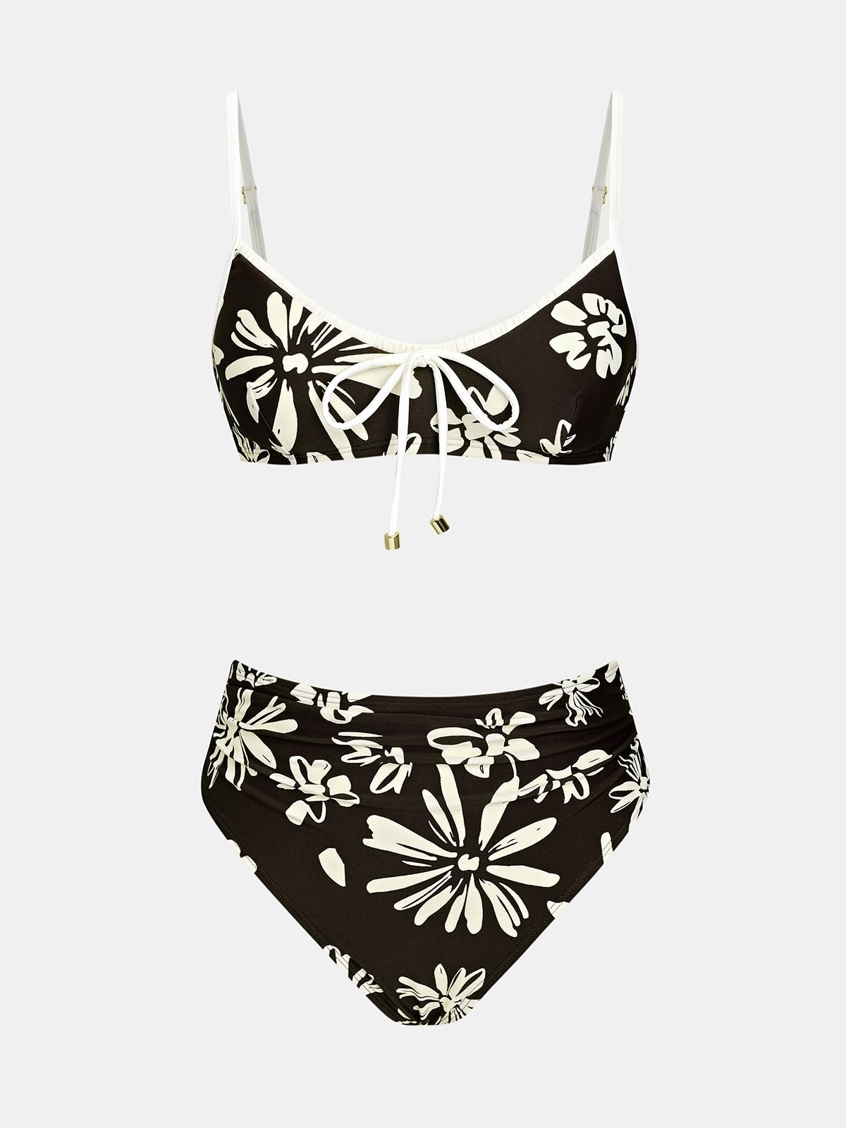 CUPSHE Maillot de bain deux pièces taille haute gainant pour femme - Col rond - Couleurs contrastées