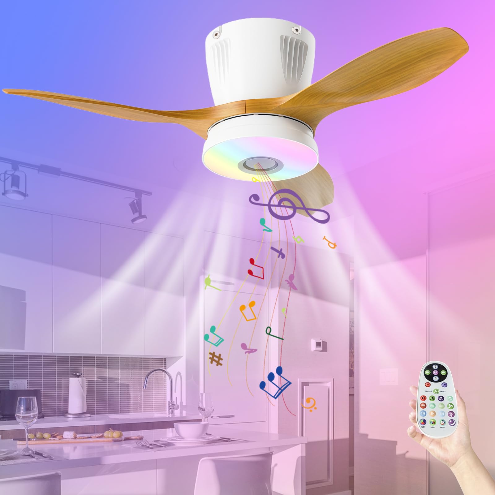 SXDMOUBK Ceiling Fans with Lights and Remote, Modern Fan Light Kit, Quiet Ceiling Fans with Lamps, 36W Dimmable LED, Reversible Fan Light Ceiling, Easy Installation for Low Ceiling Rooms-White-Wood