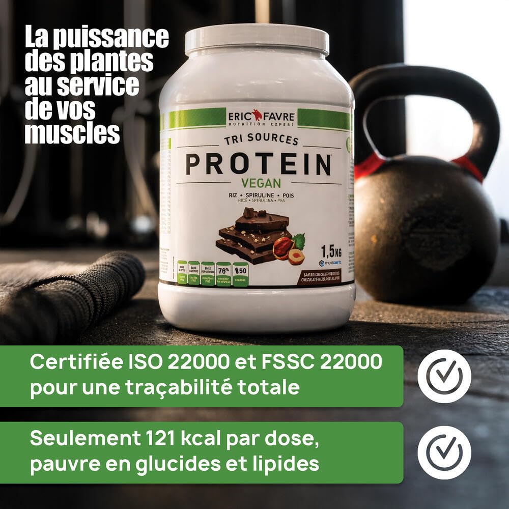 PROTEINES VEGAN TRI-SOURCE - Protéines Végétales Vegan Savoureuses Pour le Développement Musculaire - Riz Spiruline Pois - Assimilable Rapidement - 1,5kg - Saveur Vanille - Eric Favre