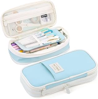 MAMUNU Expandable Pencil case with compartments, Large Capacity Pencil Cases Pencil Bag Pouch Adults, Portable Pencil Case Large School Stationery Organizer, Makeup Cosmetic Bag, Blue